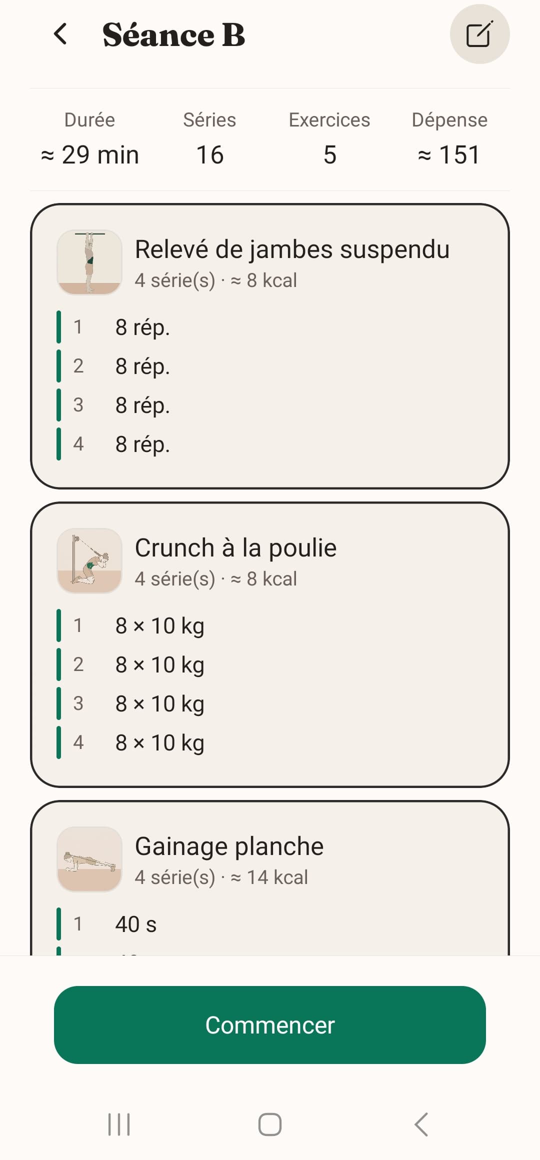 Today’s session: the prescribed exercises, with their sets and reps.